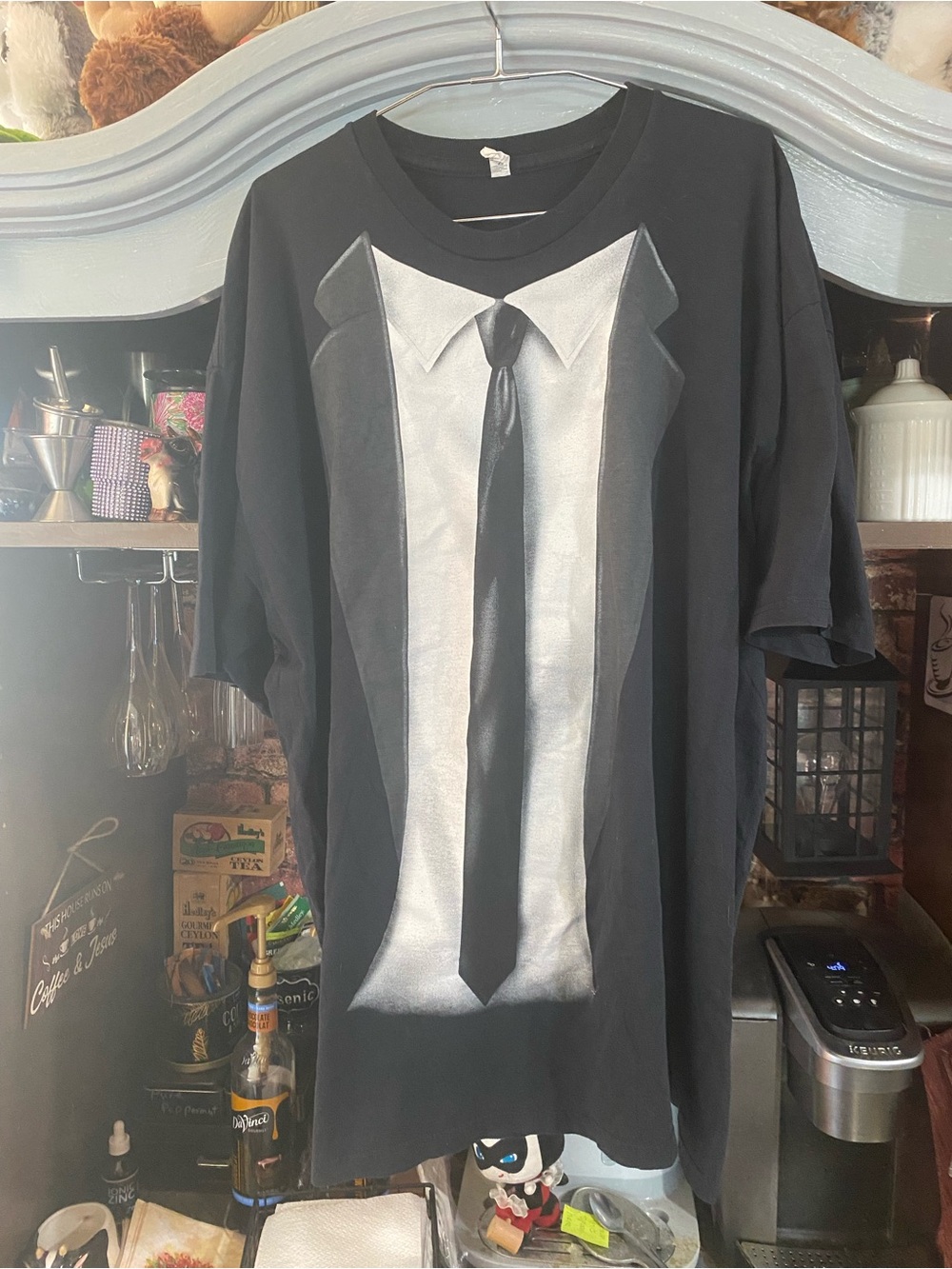 Black Graphic Tee with Tie Print - Men's Shirt Costume 2X Tuxedo